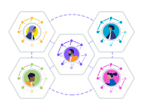 Five people's Pods, each a hexagonal network of data, connected to one another