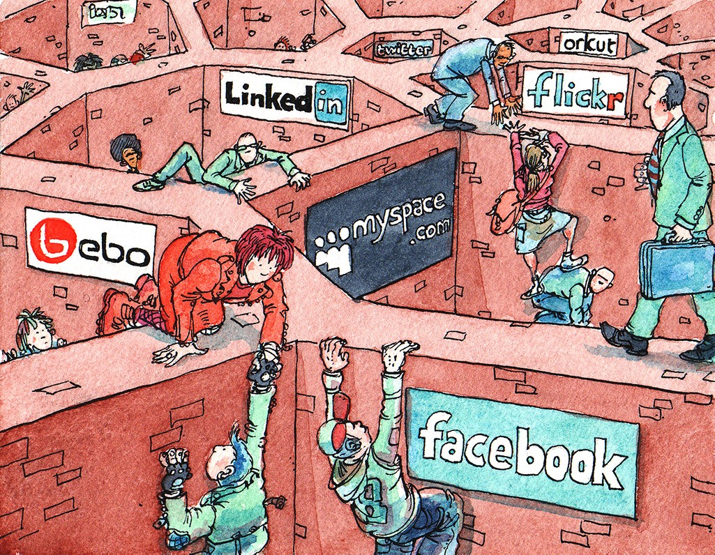 Cartoon of people lost in a maze of walled social-media gardens